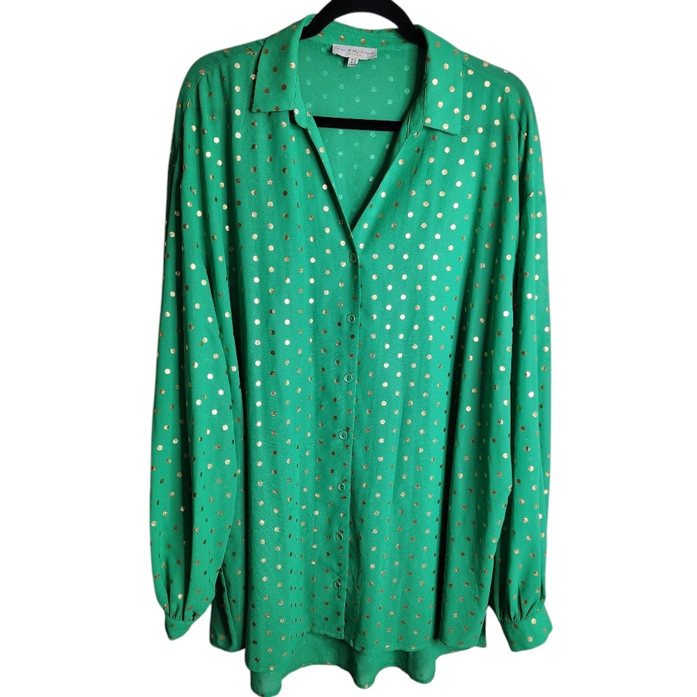 Never fully Dressed top Kelly green gold polka dot button up dressy office